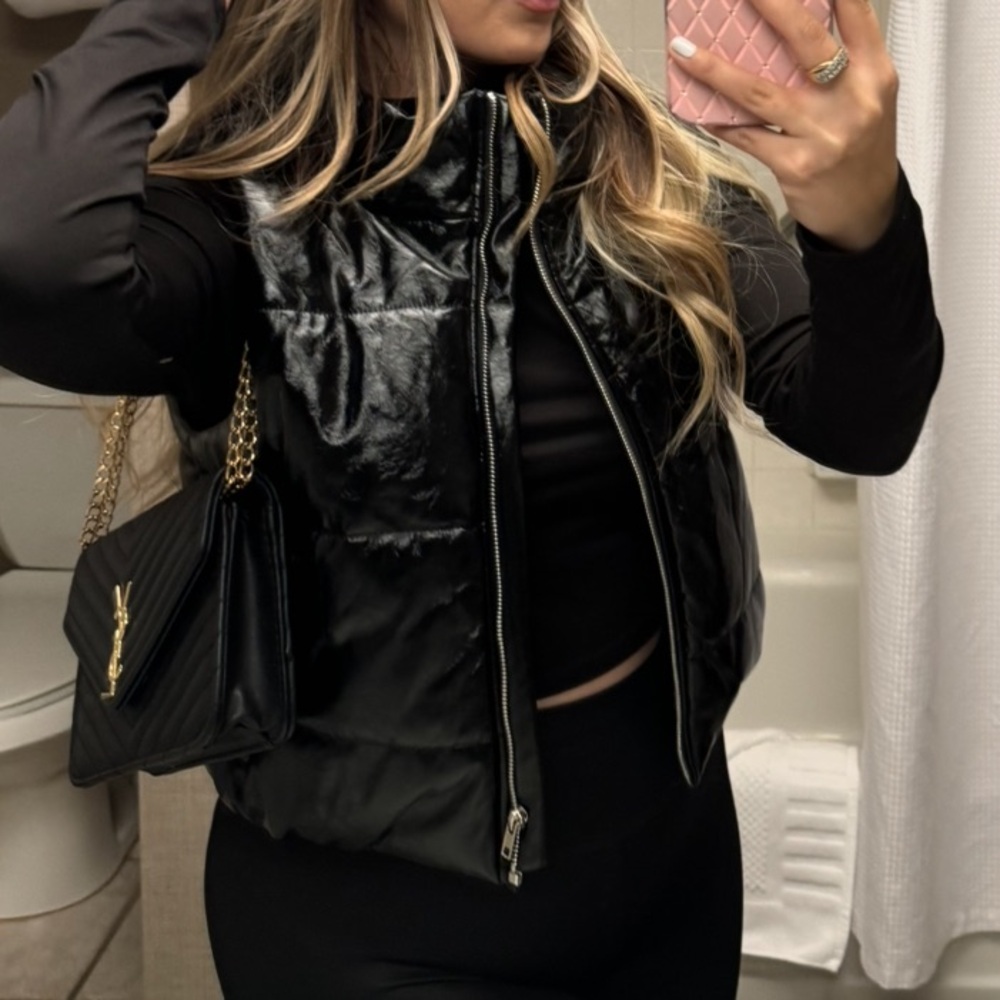 Black Puffer Vest with Gold Chain Bag